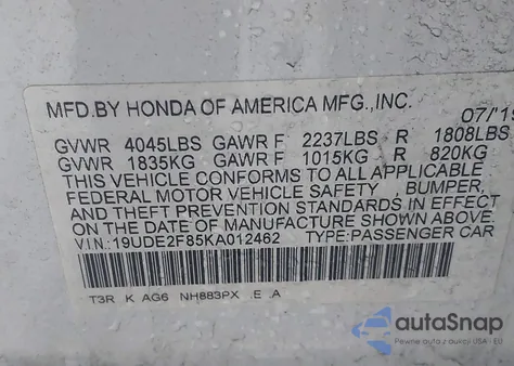 2019 Acura Ilx Premium A-Spec Packages/Technology A-Spec Packages z USA, uszkodzony, nr VIN 19UDE2F85KA012462